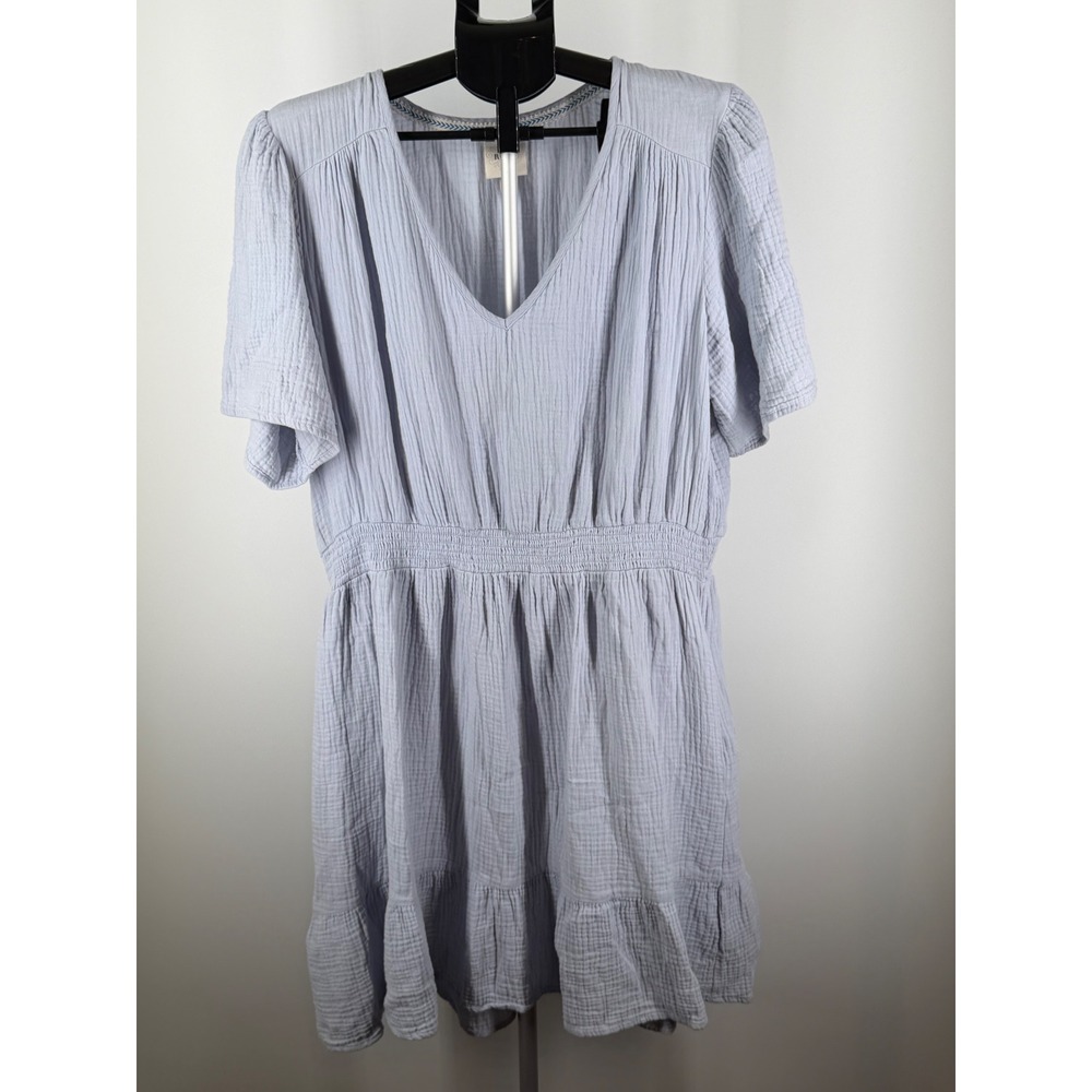 Knox Rose Womens Blue Cotton Gauze V-Neck Smocked Waist Tiered Mini‎ Dress Large
